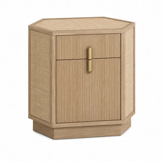 Mesita de noche hexagonal con cajón superior y puerta inferior de MDF y ratán sintético roble claro y dorado 50 x 40 x 55 cm