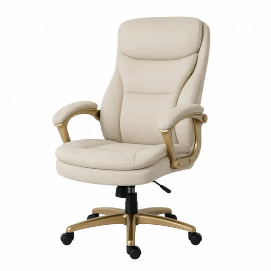 Silla de oficina ergonómica giratoria con altura regulable reposabrazos base metálica dorada con ruedas tejido beige