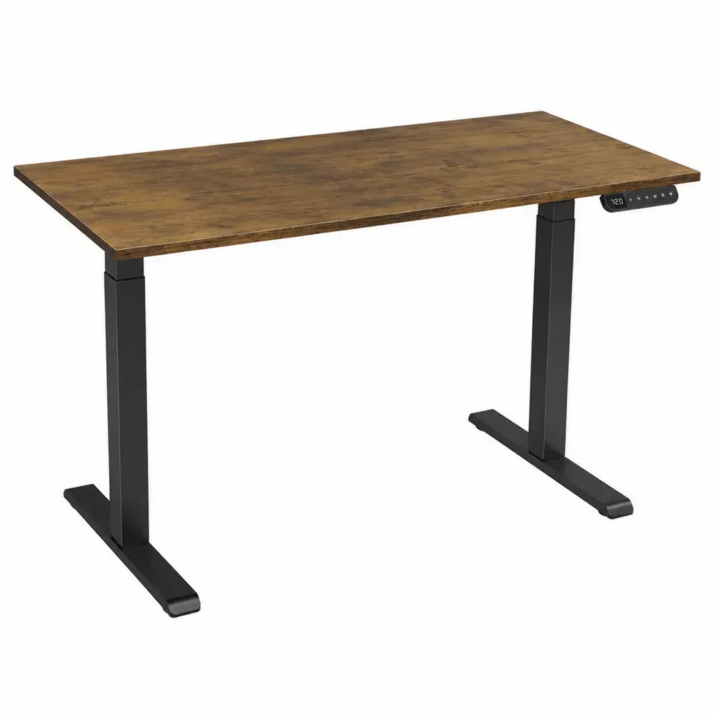 Escritorio eléctrico regulable en altura 120x60 cm madera oscura con estructura metálica negra y pasacables