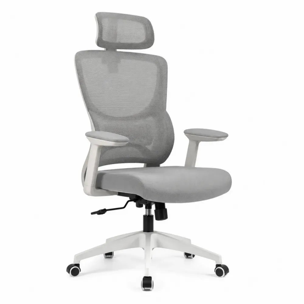Silla de oficina giratoria con respaldo de malla gris reposacabezas base blanca de 5 ruedas y altura regulable aprox 65 x 65 x 115 a 125 cm