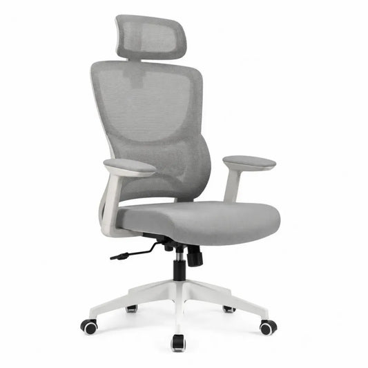 Silla de oficina giratoria con respaldo de malla gris reposacabezas base blanca de 5 ruedas y altura regulable aprox 65 x 65 x 115 a 125 cm