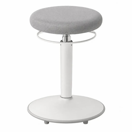 Taburete de oficina giratorio con asiento acolchado de tela gris base metálica blanca con aro reposapiés altura ajustable 45 cm 65 cm estructura de acero