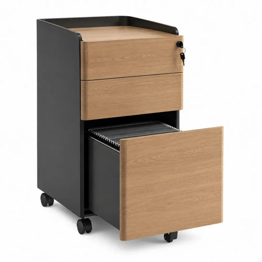 Cajonera archivador con ruedas de madera melamina negro y roble con cerradura 40 cm x 50 cm x 60 cm estructura de tablero de partículas y metal