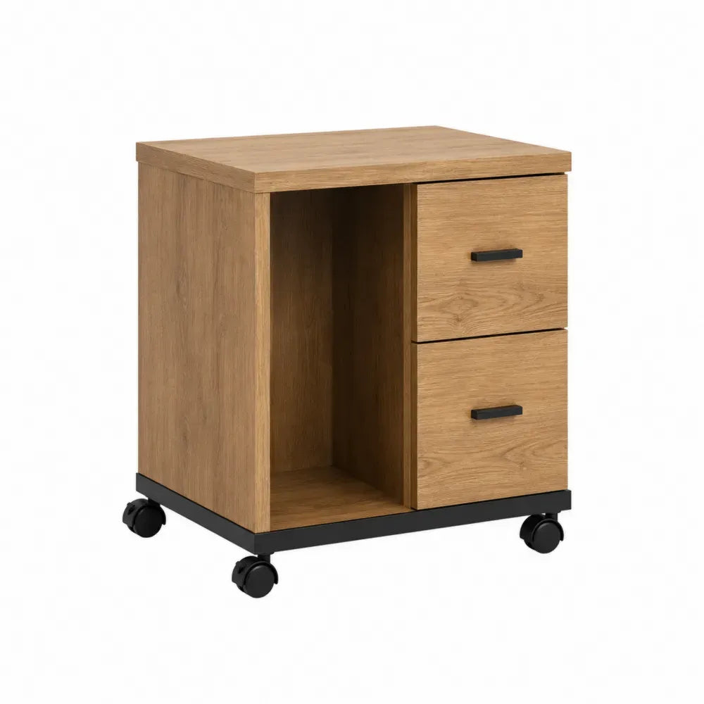 Archivador con ruedas de 2 cajones MDF efecto roble claro con compartimento abierto 60x40x60 cm