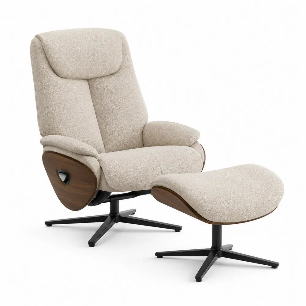 Sillón reclinable con reposapiés tapizado en tejido bouclé beige con paneles de madera marrón y base giratoria de metal negro 80 x 85 x 85 cm