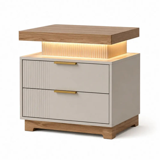 Mesita de noche LED con 2 cajones MDF beige crema tiradores dorados luz integrada sin dimensiones especificadas
