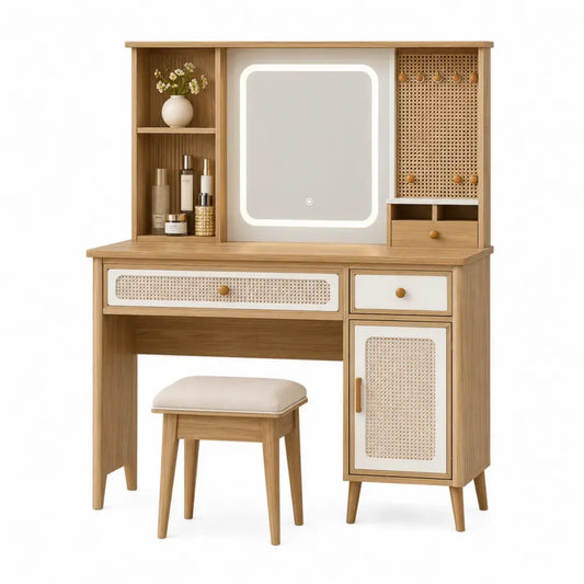 Tocador rectangular de MDF y tablero de partículas con espejo LED taburete y panel de ratán sintético madera natural blanco y beige 100 x 45 x 145 cm