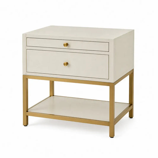 Mesita de noche rectangular de 2 cajones con estante inferior de MDF y acero blanco crema y dorado 60 x 40 x 65 cm