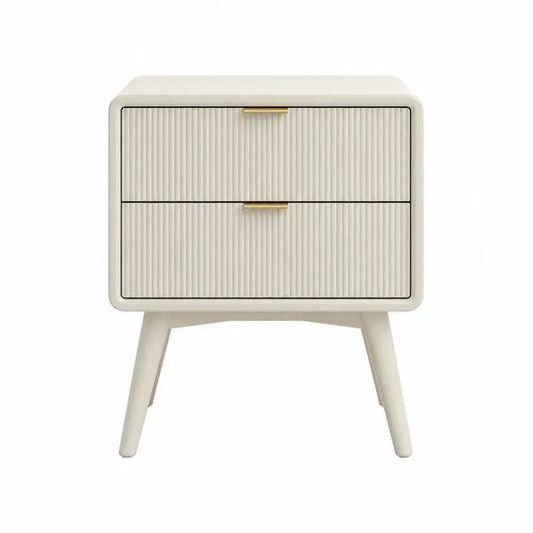 Mesita de noche con 2 cajones frente acanalado tiradores dorados patas de madera color beige crema sin dimensiones especificadas