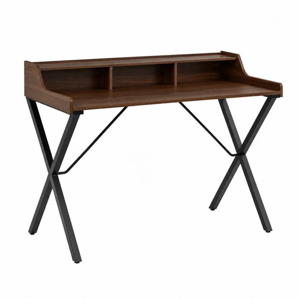 Escritorio mesa rectangular 120x60x75 cm madera oscura con estructura metálica negra y organizador superior